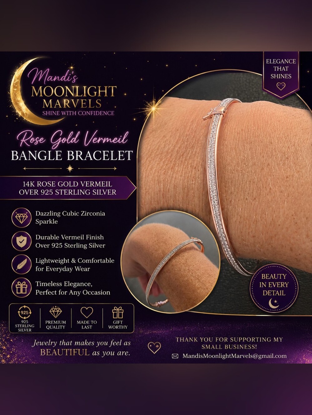Mandi's Rose Gold Vermeil Bangle Bracelet with Cubic Zirconia